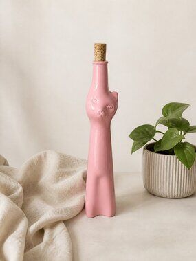 Vintage Pink Cat Cork Ceramic Wine Bottle Figural Anthropologie Style 0.7L